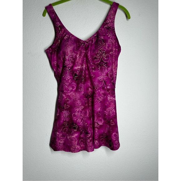 Islander Purple Gold Floral Lightly Padded Skirted One Piece Swimsuit Size 10 - Picture 1 of 10